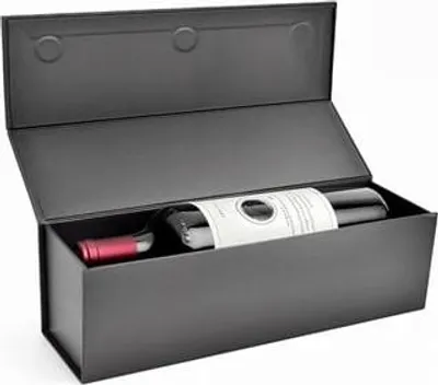 A black gift box with a bottle of wine inside, with the lid open.