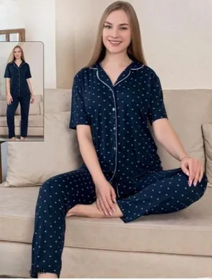 Produktbild von Damen Pyjama Schlafanzug Kurz Marineblau M Viskose mit Knöpfen 2 Teiler M-49