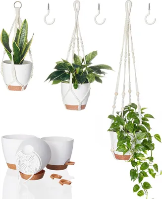 Produktbild von Hängeblumentöpfe 3 Stück, 14 cm bis 18 cm, Kunststoff, mit Makramee-Aufhängern und Haken, für Innenbereich