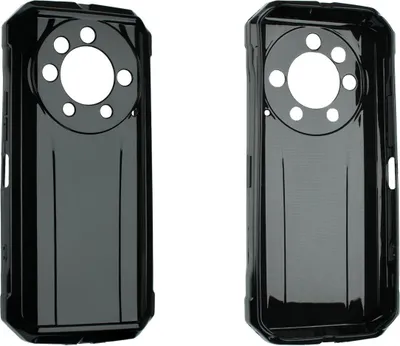 Two black phone cases are shown side-by-side against a white background.
