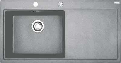 A top-down view of a granite kitchen sink with a drain and faucet hole.