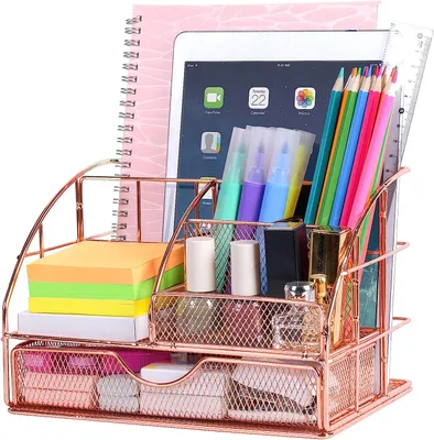 Produktbild von Schreibtisch Organizer Büro Organizer in Roségold Multifunktionales Organisator Stifthalter Unterlagen Organizer Ablagefach und Schublade aus Metall für Büro, Schule und Haushalt