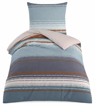 Produktbild von Bettwäsche Renforcé 155 x 220cm 2-tlg Set Blau Grau gestreift mit Reißverschluss