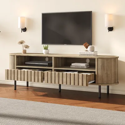 Produktbild von STILVORA TV Lowboard 160×40×48cm mit 2 Schubladen & 2 Fächern, TV-Schrank aus MDF mit 5 Stützbeinen, Fernsehtisch für bis zu 65 Zoll TV, Naturholz