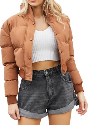 Produktbild von ASKSA Damen Puffer Jacke Kurz Stehkragen Winter Steppjacke Warm Gesteppte Dicke Winterjacke Outdoor, Orange, M