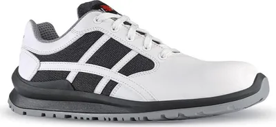 A single white and black safety shoe is shown against a white background.
