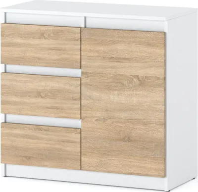 Zdjęcie produktu dla Komoda Biała Drewniana Nowoczesna Do Sypialni 80Cm 3 Szuflady Dąb Sonoma