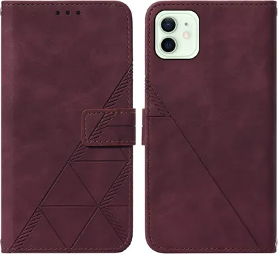 A product shot of a brown iPhone 12 flip case, shown open and closed.