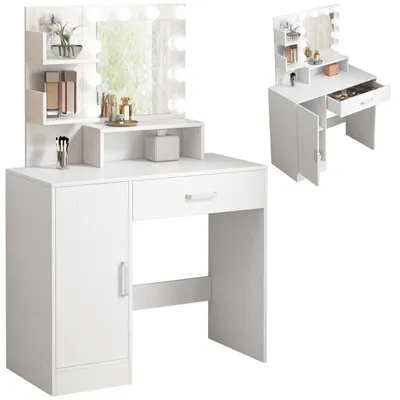 A white vanity table with a mirror and LED lights, along with a smaller inset image showing a different angle of the same vanity.