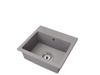 A single gray sink with a drain and faucet hole, isolated on a white background.