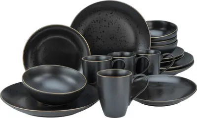A set of black stoneware dishes with gold trim.