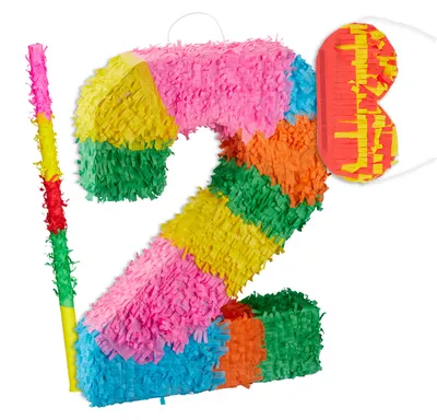 Produktbild von 3 tlg. Pinata Set Geburtstag, Zahl 2, Pinatastab mit Augenmaske, Kinder & Erwachsene, Piñata zum selbst Befüllen, bunt