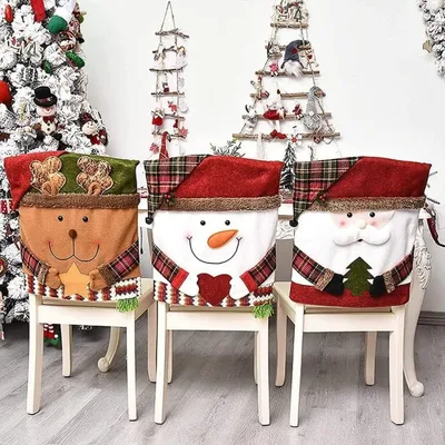 Produktbild von 3er-Set Weihnachts-Stuhlhussen – Nikolaus, Schneemann & Rentier Bezug für Küchenstühle, Festtags-Deko & Party
