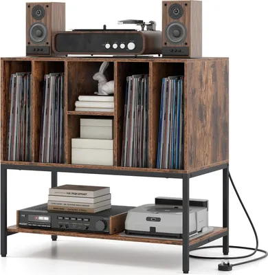 Produktbild von GOPLUS Plattenspielerständer, Aufbewahrungsschrank mit Ladestation & offenes Regale, Vinyl-Schallplattenschrank für bis zu 150+ Alben (Braun)