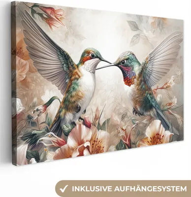 Produktbild von MuchoWow® - Leinwandbilder - Kolibri - Vögel - Blumen - Natur, Wandbild, Wanddeko Bilder Wohnzimmer, 120x80 cm