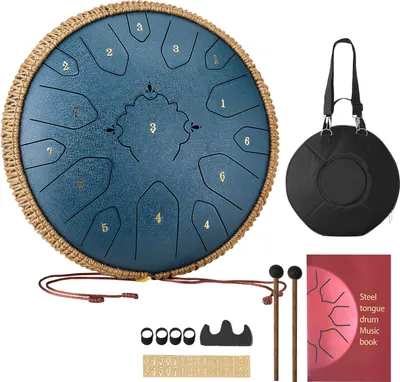 Produktbild von Zungentrommel - Percussion-Instrument - Aus Stahl - 33 cm Durchmesser - 15 Töne - C-Dur - Mit Schlägeln & Notenbuch - Für Meditation & Yoga - Marineblau