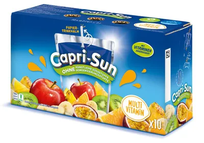 Obrázek produktu pro Capri Sun Multivitamin, 200 ml, Multivitamin, Jablko, Banánový, Kiwi, Pomeranč, Marakuja (ovoce), Ananas, Barvivo, Konzervant, 34 kcal, 143 kJ