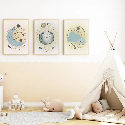 Produktbild von Niedliche Mond Bilder 3er Set DIN A4 Kinderzimmer Wandbilder Babyzimmer Poster Dekoration