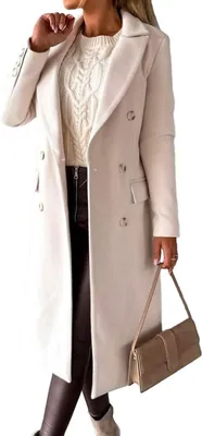 Produktbild von ASKSA Damen Langer Trenchcoat aus Wolle Zweireihig fuer Herbst und Winter Mantel Locker Winterjacke Longline Wool Coat,Beige,M