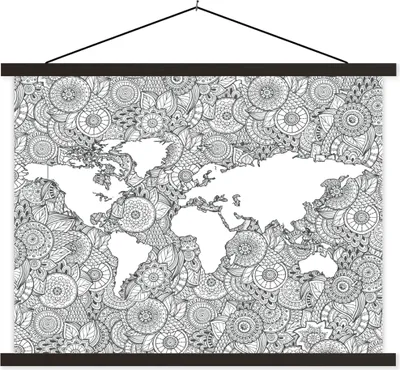 Produktbild von MuchoWow® Textilposter Weltkarte - Muster - Schwarz und weiß 40x30 cm mit schwarzem Rahmen - Dekorationen