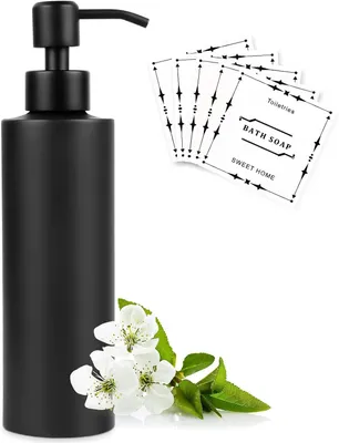 Image de Distributeur de savon - 350 ml - Distributeur de savon en acier inoxydable noir - Distributeur de shampoing - Distributeur à pompe rechargeable - Avec autocollant pour salle de bain