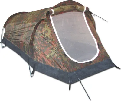 A single-person tent with a camouflage pattern.