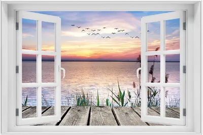 Produktbild von Wallario Wandbild mit Fenster-Illusion: Seepanorama mit Schilf und fliegenden Vögeln, Größe: 61 x 91,5 cm, Poster mit weißem Aluminiumrahmen