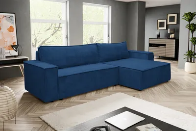 A living room scene with a blue sectional sofa.