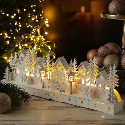 Produktbild von LED Holzdekoration Weihnachtsdorf - beleuchtete Winterlandschaft - L: 45cm - Timer - weiß