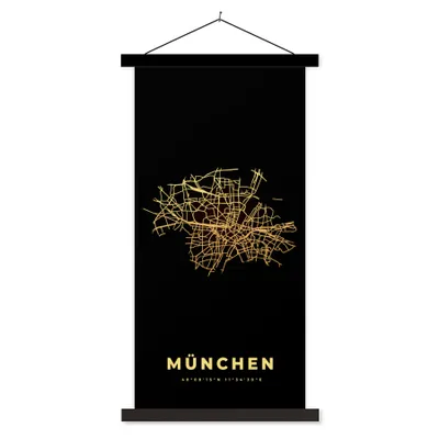Produktbild von MuchoWow® Textilposter München - Karte - Gold - Stadtplan - Wegbeschreibung 90x180 cm mit schwarzem Rahmen - Dekoration Wohnzimmer