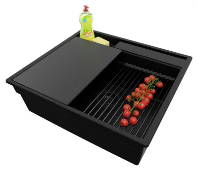 Produktbild von PRIMAGRAN Spülbecken Alles Schwarz 58x53cm, Granitspüle 1 Becken + Ablauf-Set + Küchenzubehörset, Küchenspüle ab 60er Unterschrank - Oslo Pocket