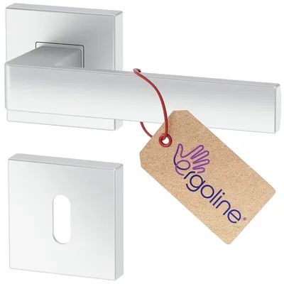 A silver door handle set with a key plate and a product tag.