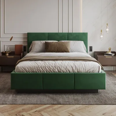 Produktbild von FDM Bett ALMADA Trinity 120x200 cm Polsterbett mit Lattenrost aus Metall Bettkasten Stauraumbett Samt dunkelgrün