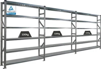 Produktbild von Fachbodenregal PROXIMO mit  Stecksystem | Komplettregal | HxBxT 210x450x50cm | 6 Ebenen | Beidseitig nutzbar | Verzinkt