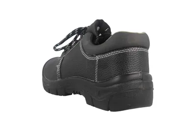 A black work shoe shown from the back-left side on a white background.