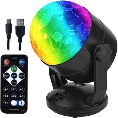 Productafbeelding van Partyapparaat met afstandsbediening, lichtgestuurd, draagbaar, geschikt voor binnen- en buitengebruik, met USB-aansluiting, DJ-licht, ideaal voor feesten, discobal, stroboscooplamp voor het podium, als feestverlichting