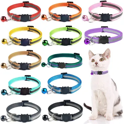 Imagen del producto de Collares reflectantes para gatos, 12 unidades, ajustables, con cascabel, cierre de seguridad, en varios colores