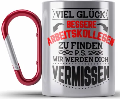 Produktbild von Trendation - Jobwechsel Edelstahl Tasse Karabiner Geschenk Kollegin Kollege Lustig Abschiedsgeschenk Sprüche - Viel Glück Bessere Kollegen zu finden (Rot)