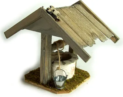 Produktbild von Brunnen mit schindeldach für Weihnachtskrippe, Holz grau gebeizt 14x14x11 cm.