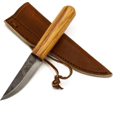 A knife and its leather sheath are placed on a white background.