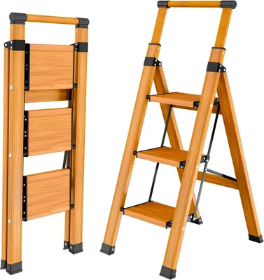 Produktbild von Klappleiter KULACO Trittleiter 3 Stufen, klappbar, rutschfeste Haushaltsleiter, Multifunktionsleiter, Holzmaserung, tragbare Trittleiter mit ausziehba