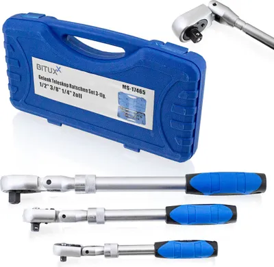 A set of three telescopic joint ratchet wrenches in a blue carrying case, with one wrench shown detached and angled.