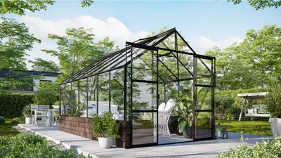 Produktbild von Vitavia Gewächshaus "Cassandra 11500" schwarz 11,5 m² mit Sockelmauer in herbstlaub, 3 mm ESG