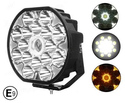 Image de Projecteur halogène à LED 22 cm, lumière blanche + feux de position blancs et jaunes, 80 W, 9 100 lm, 12 V/24 V, homologation E (E9),