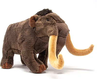 A stuffed toy mammoth on a white background.