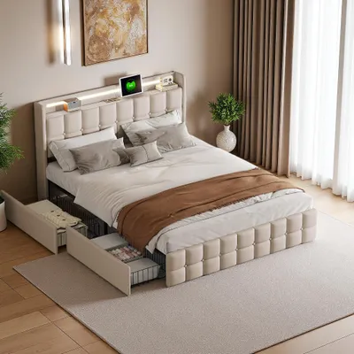 Produktbild von Polsterbett 160x200 cm mit USB-Ladefunktion im Kopfteil, LED-Beleuchtung und 4 Schubladen – Doppelbett ohne Matratze, Stauraumbett mit Bettgestell