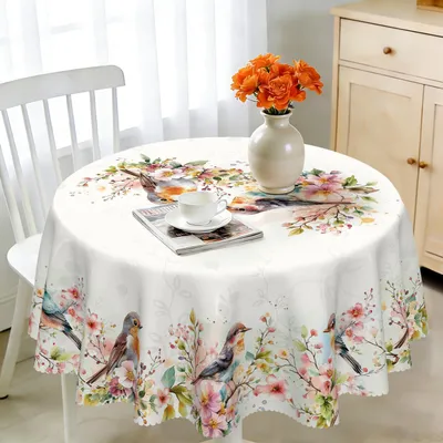 Obrázok produktu pre Okrúhla obrus, priemer 120 cm, odolná voči poveternostným vplyvom, vzor s motívom vtákov, materiál: polyester, vhodná na vonkajšie použitie, umývateľná