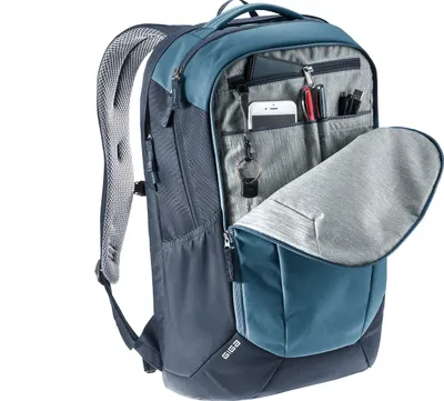A close-up view of an open backpack, showcasing its internal organization.