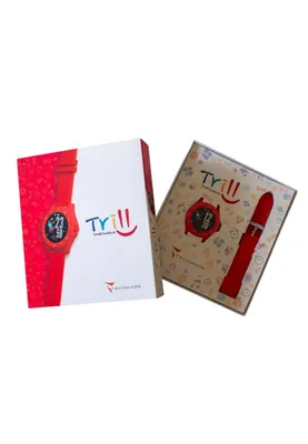 Two boxes, one open, displaying a red smartwatch and its packaging.