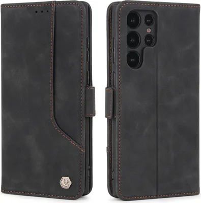 Produktbild von Galaxy S22 Ultra 5G Hülle, Retro Kunstledertasche Schutzhülle mit Kartenfach Standfunktion für Samsung Galaxy S22 Ultra 5G Schwarz